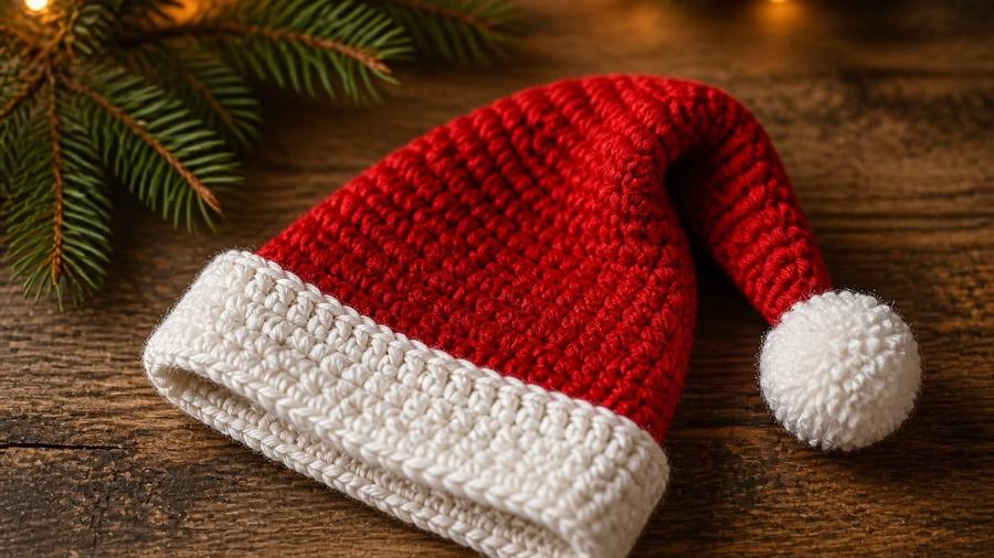 A crocheted red and white Santa hat with a ribbed cuff and pom-pom, laid on a wooden table next to a pine branch.