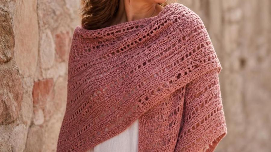 A woman wearing a draped triangular crochet shawl in dusty rose with a lace mesh pattern, outdoors near a stone wall.