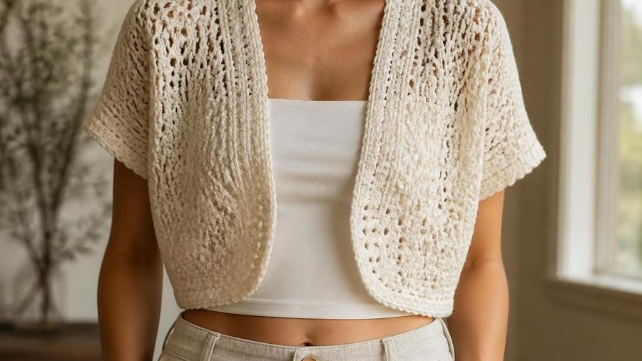 A woman wearing a cropped, open-front cream crochet shrug over a plain top, shown from the shoulders down.