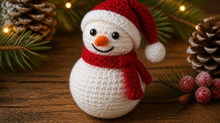 A crocheted amigurumi snowman wearing a red Santa hat and red scarf, with pinecones and berries in the background.