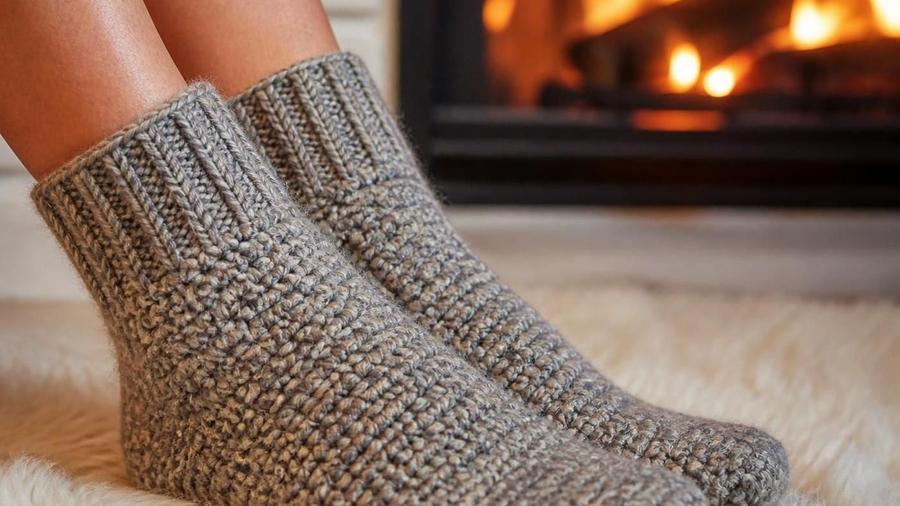 A pair of cozy heathered grey crochet socks worn on feet resting near a fireplace, showing the ribbed cuff and stitch texture.