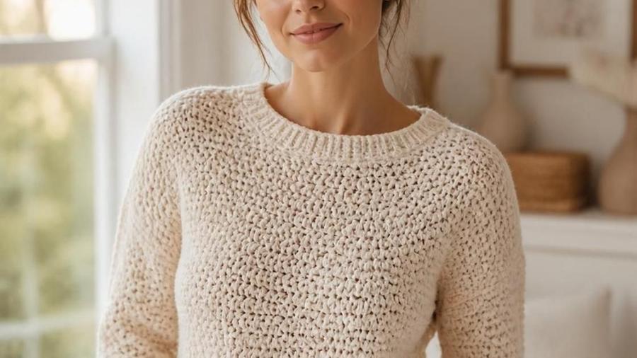 A woman wearing a fitted, long-sleeved crochet pullover sweater in oatmeal cream, standing near a window.