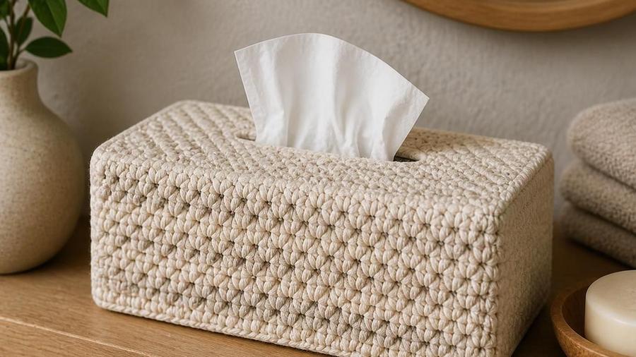 A rectangular textured cream crochet tissue box cover fitted over a tissue box on a wooden bathroom shelf.