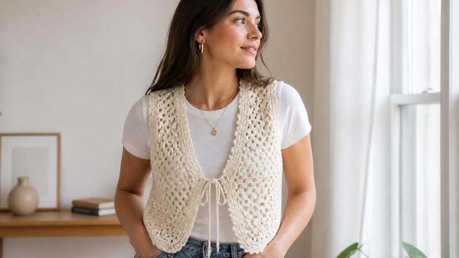 A person wearing a sleeveless crochet vest with front button closures over a plain top.