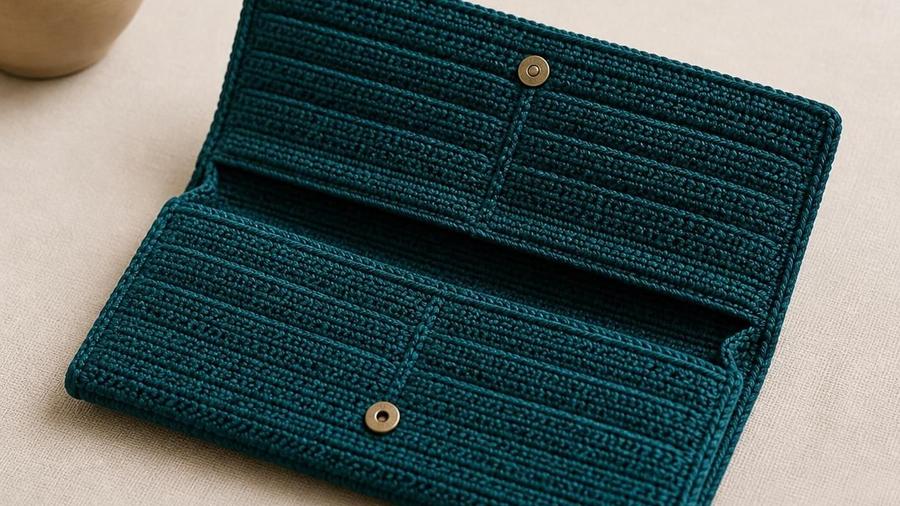 A folded teal crochet wallet open to show card slot pockets and a snap closure, on a flat surface.