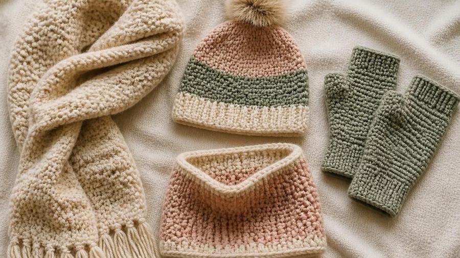 A flat lay of cozy crochet wearables including a scarf, striped beanie, cowl, and fingerless gloves in cream, pink, and sage green.