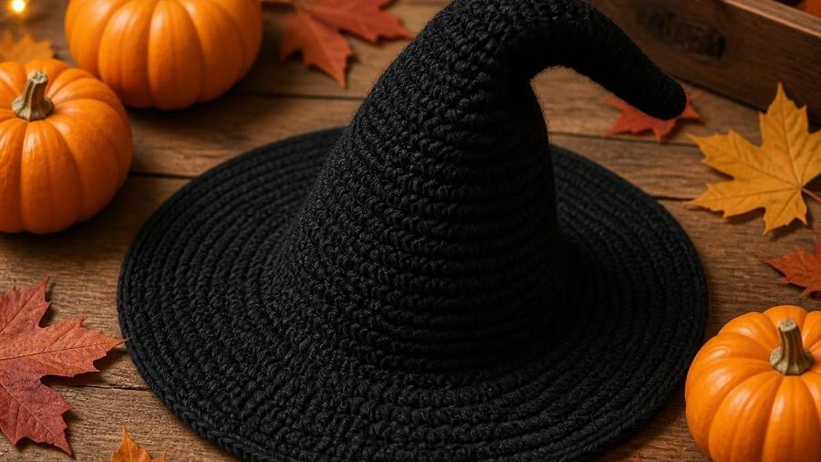 A black crochet witch hat with an orange trim band and pointed cone shape, displayed against a dark background.