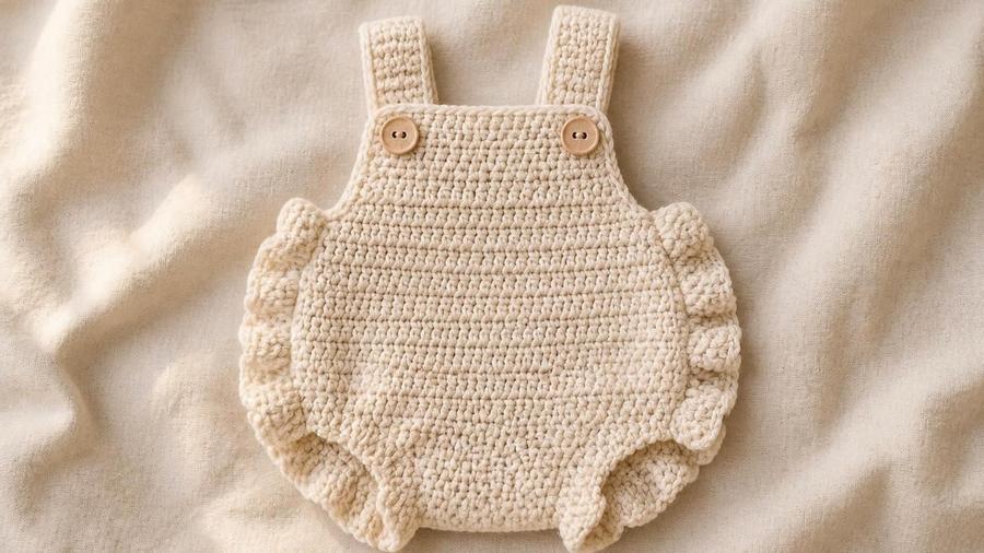 A cream crochet diaper cover with ruffled leg trim and button shoulder straps, laid flat.