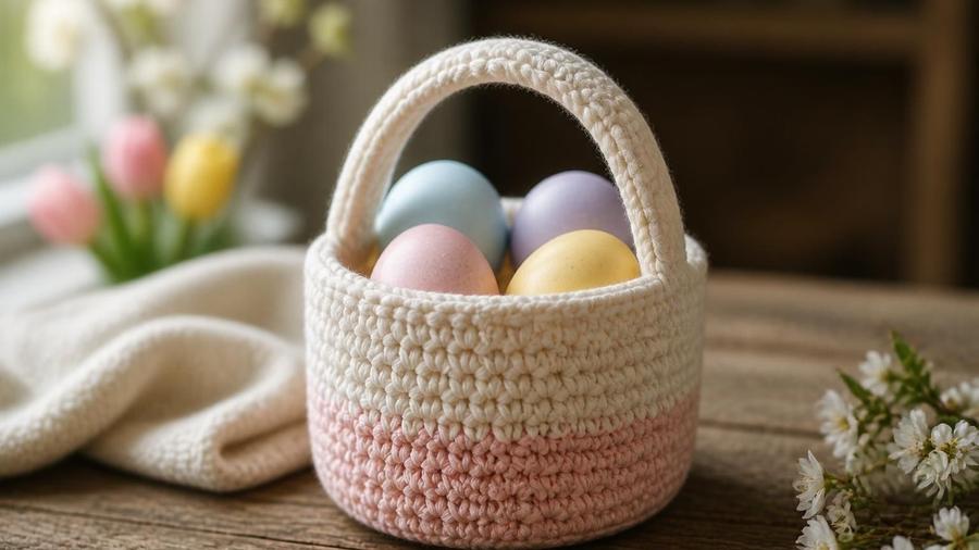 A crocheted basket in cream and pink with a handle, filled with pastel-colored eggs, on a wooden table.