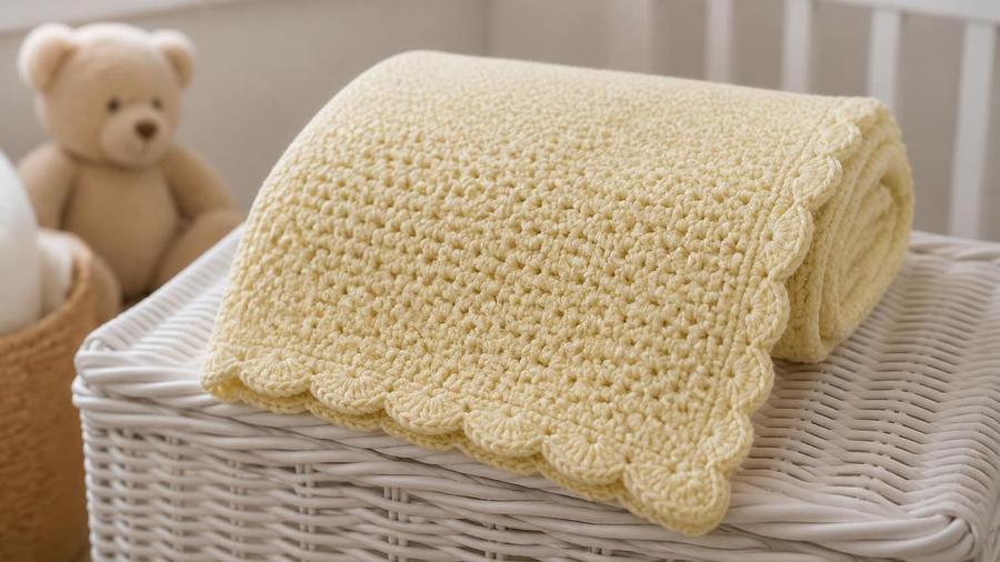 A folded pale yellow crochet baby blanket with a scalloped shell-stitch border, resting on a white wicker basket.