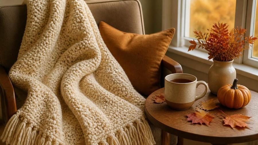 A cream crochet throw blanket, mug of tea, and small orange pumpkin arranged on a side table by a window, with autumn leaves outside.
