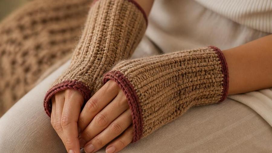 A pair of tan crocheted fingerless gloves with a maroon trim, worn on hands resting in a lap.