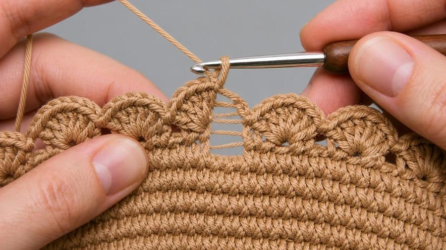 Close-up of hands unraveling a row of crochet stitches by pulling the working yarn back through the fabric.
