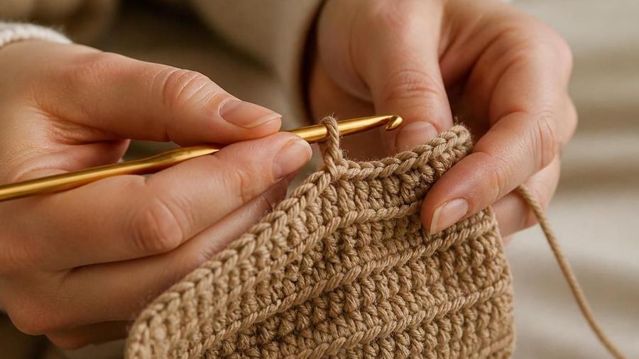 Close-up of hands using a gold crochet hook to work into a tan crochet swatch, checking the stitches row by row.