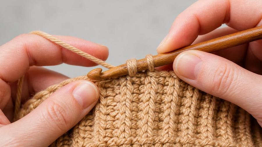 Close-up of hands crocheting a ribbed textured fabric, showing the horizontal ridge created by working into one loop only.