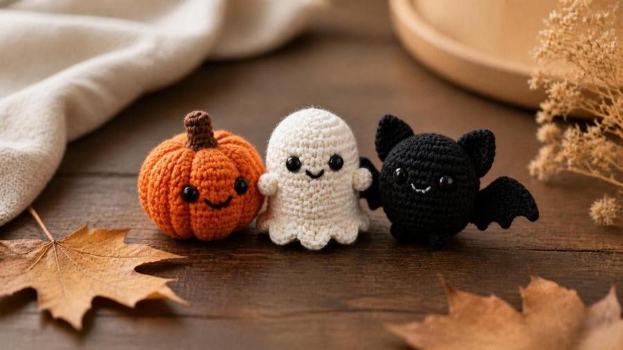 A trio of Halloween amigurumi: a pumpkin, a ghost, and a bat