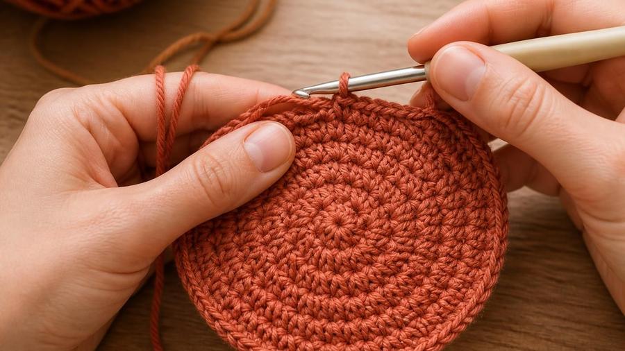 Close-up of hands using a crochet hook to work a flat circular swatch in terracotta yarn, showing clean spiral increases.