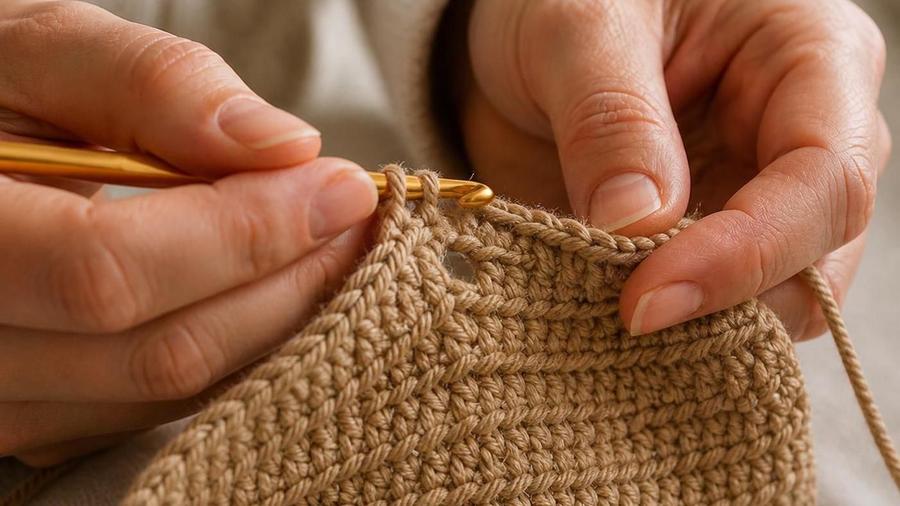 Close-up of hands using a gold crochet hook to repair a small hole in a tan crochet swatch.
