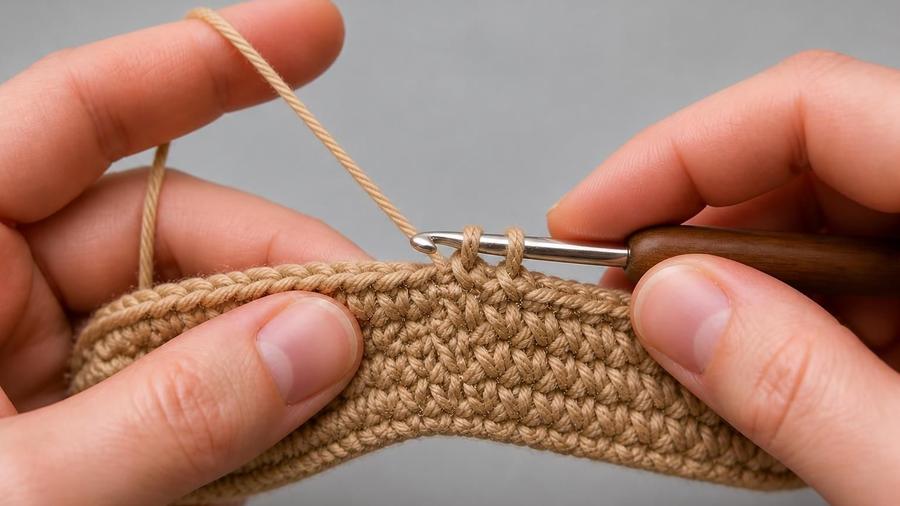 Close-up of hands crocheting with a hook and yarn, working a row of single crochet.