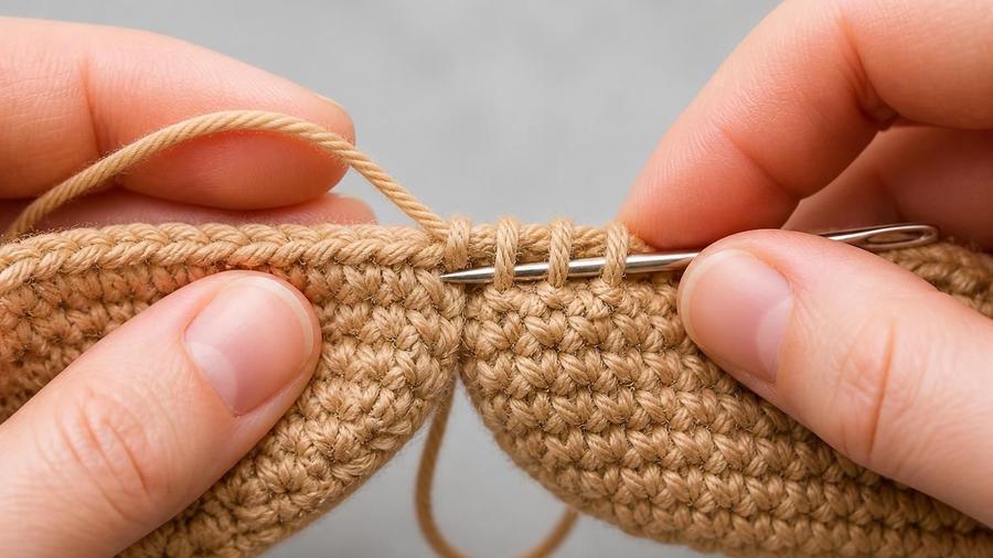 Hands using a yarn needle to seam two crocheted pieces together along an edge.