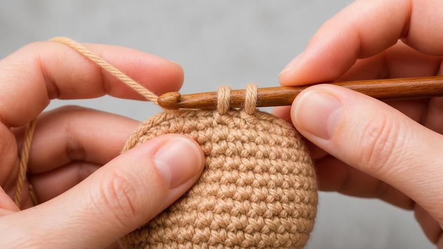 Close-up of hands working a decrease stitch on a round amigurumi crochet piece.