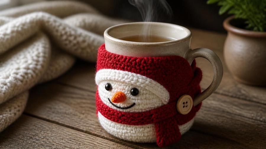 A crocheted snowman mug cozy wrapped around a steaming mug, buttoned at the front, on a wooden table.