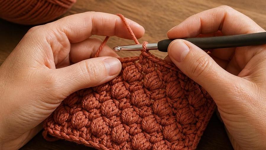 Close-up of hands crocheting a swatch with a raised puff-stitch texture pattern in terracotta yarn.