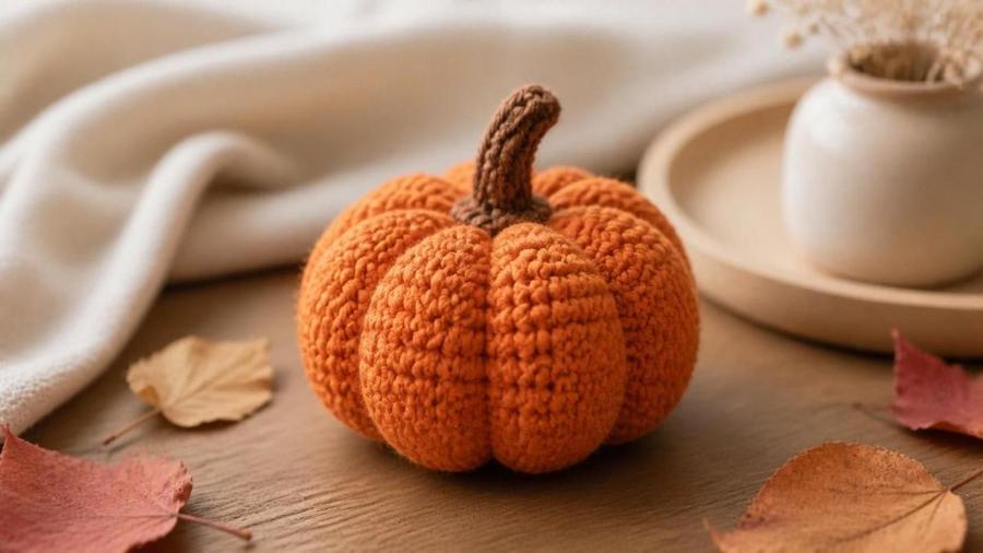 A small crochet pumpkin in orange yarn with a brown stem, styled with autumn leaves