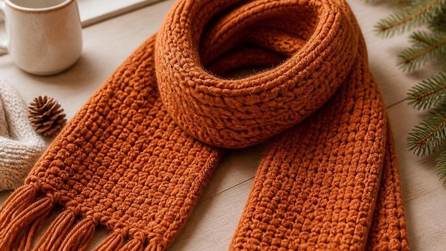 A rust-orange crocheted scarf with tassel fringe, coiled next to a mug and a pine sprig.