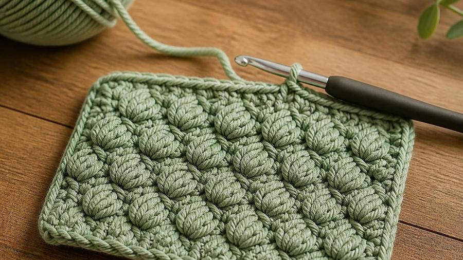 Close-up of a crochet swatch showing a scalloped shell-stitch texture pattern in sage green yarn.