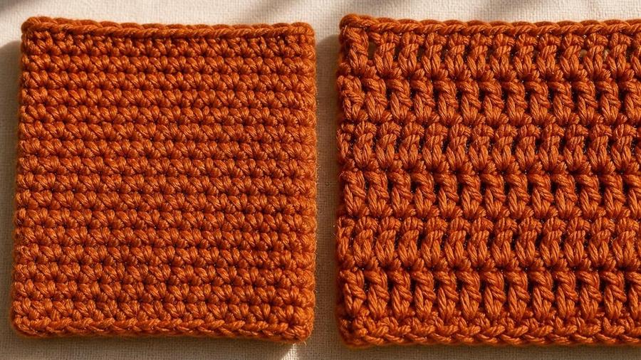 Two rust-orange crochet swatches side by side, one dense in single crochet and one taller and more open in double crochet.