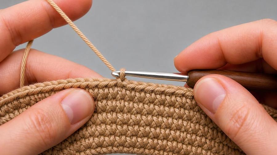 Close-up of hands crocheting with a hook, working stitches along an edge of fabric.