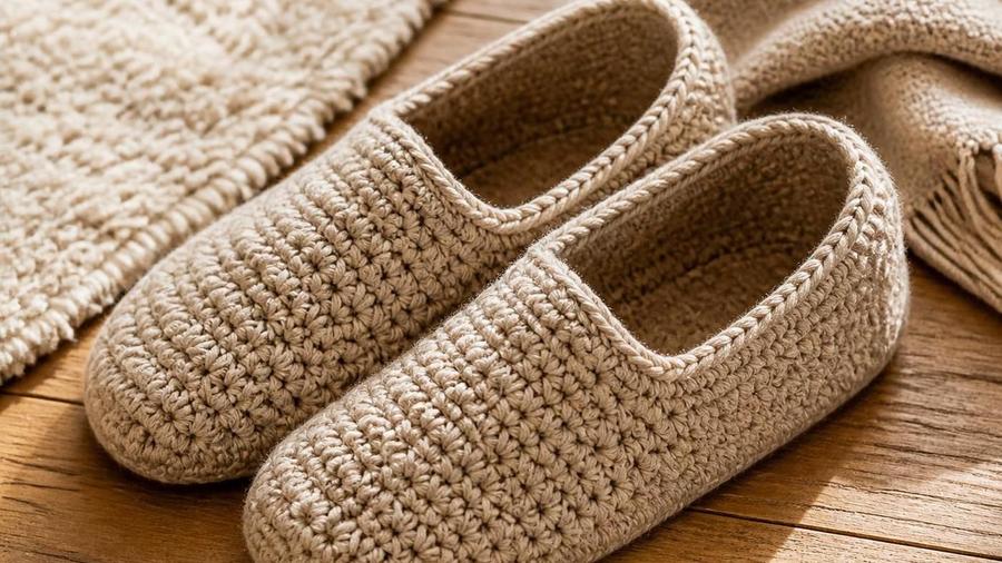 A pair of cream crocheted slippers with a ribbed cuff, sitting on a wooden floor next to a folded blanket.