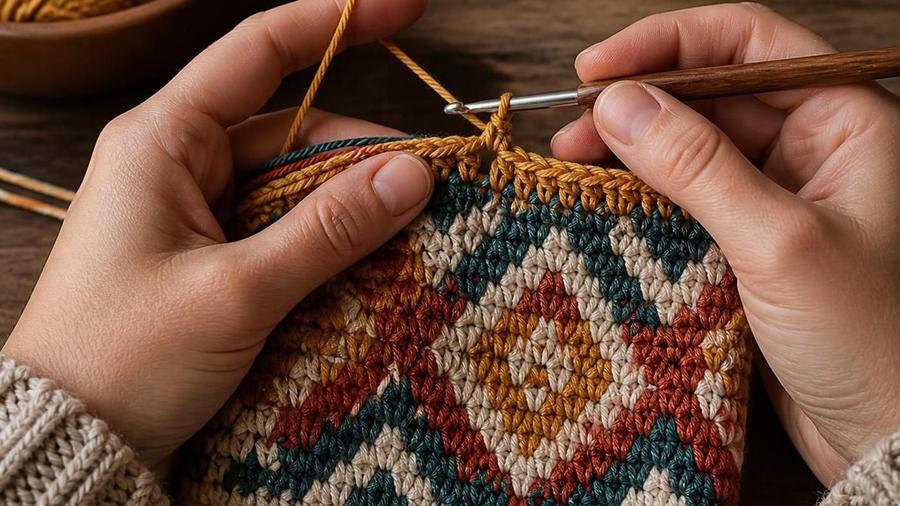 Close-up of hands crocheting a tapestry-style swatch with a multi-color geometric diamond pattern, two yarn strands carried behind the work.
