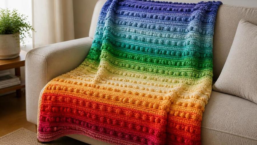 A crochet temperature blanket in a full rainbow gradient of textured stripe rows, from deep blue and purple through green, yellow, orange, and red, draped over a sofa.