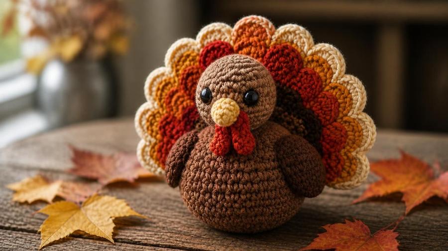 A crocheted amigurumi turkey with a fan of colorful brown, orange, and cream tail feathers, on a wooden table with autumn leaves.