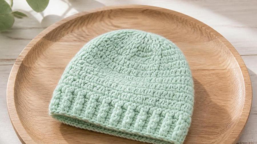 A small mint green crocheted beanie displayed on a wooden plate.