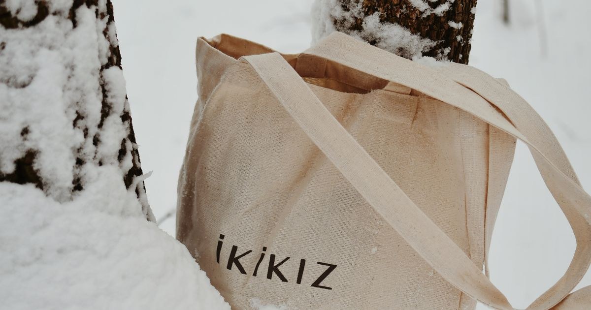 Eco-friendly canvas tote bag leaning against snow-covered tree trunks in winter forest.