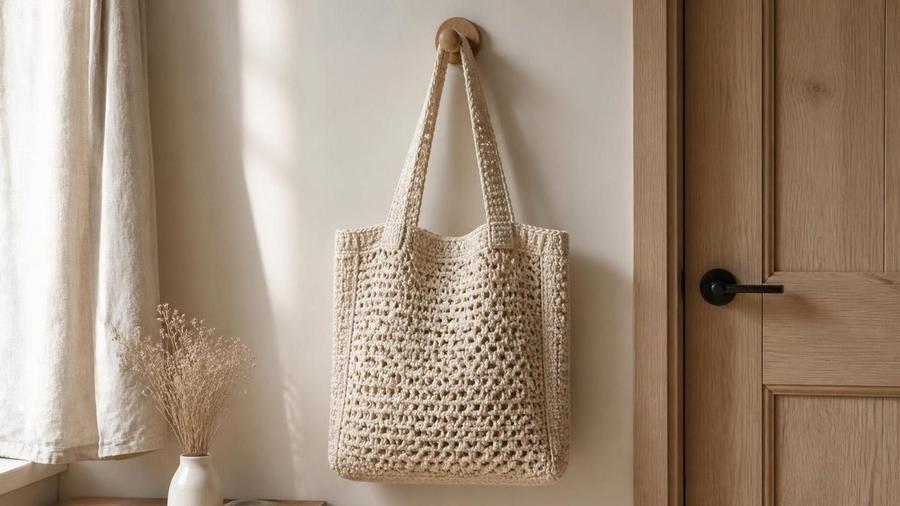 A crochet tote bag in natural cotton yarn hanging on a hook by a door