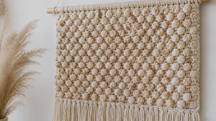A crochet wall hanging with a textured bobble-stitch body, wooden dowel, and long fringe trim, hung against a white wall.