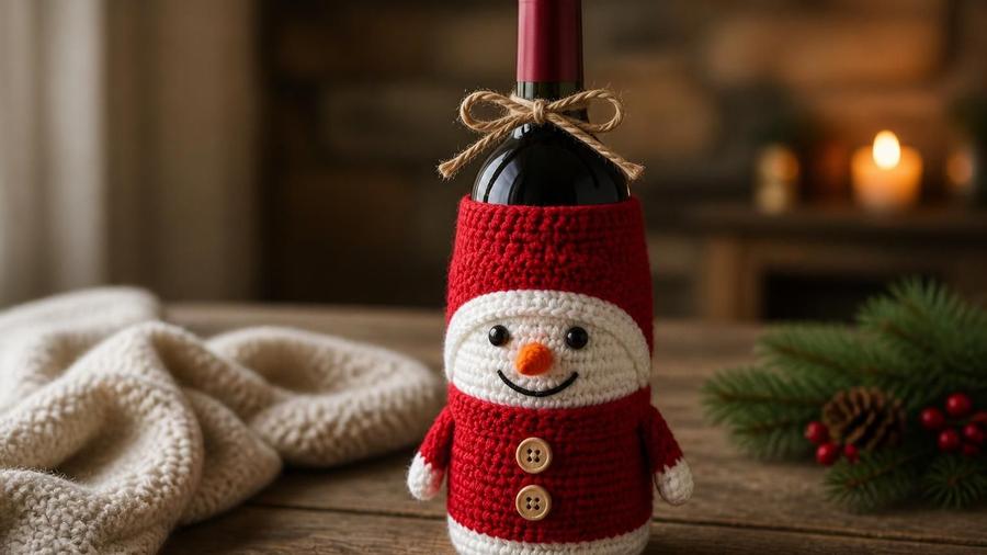 A wine bottle wrapped in a red and white crocheted snowman cozy, tied with twine, with candles and a pine branch in the background.